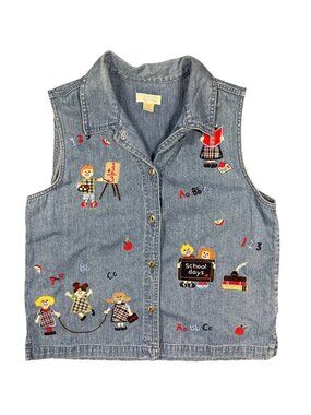 Christopher & Banks Vintage Cotton Vest School Teacher Whimsical Embroidered M